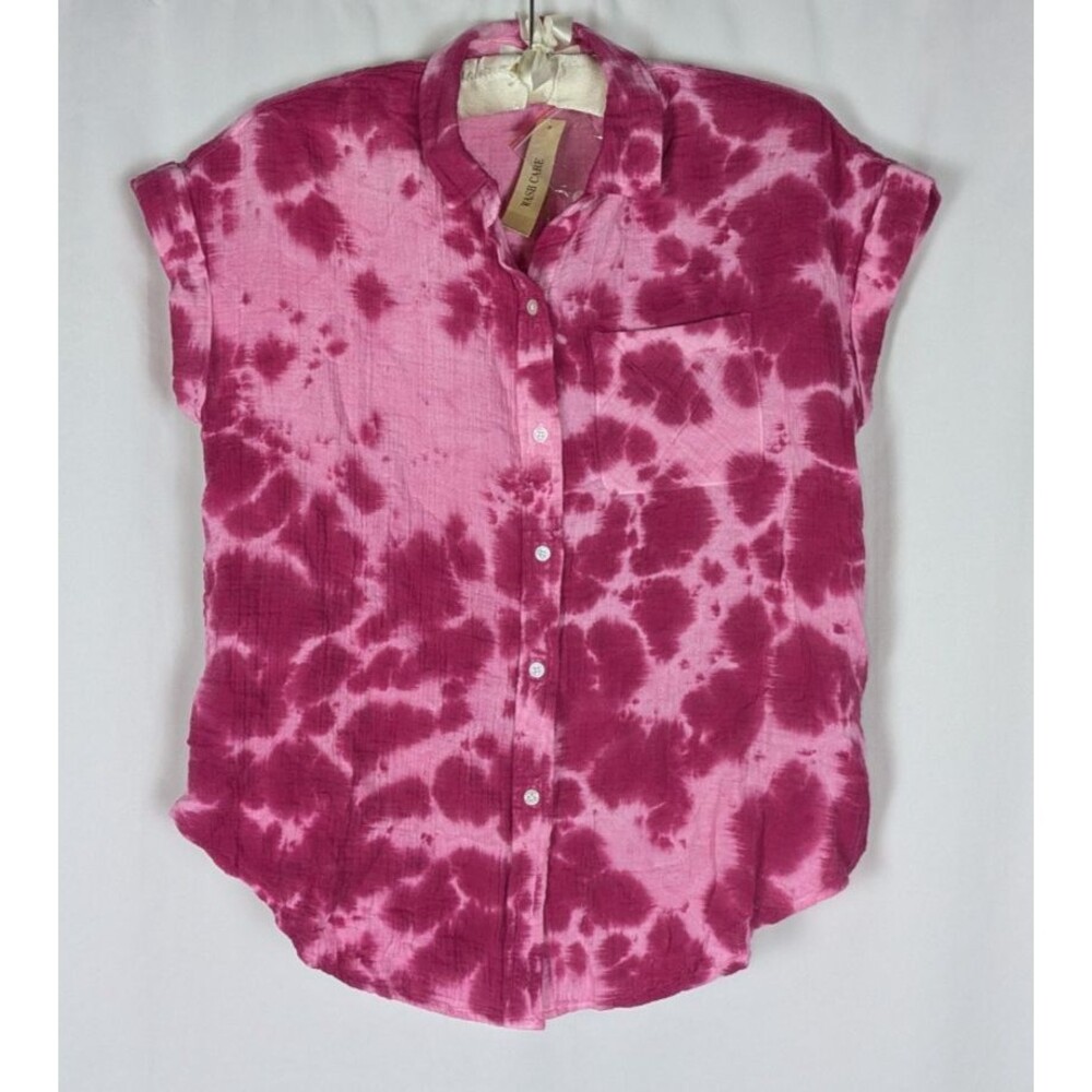 True Craft Button Down XS Women's Pink Tie Dye Cuffed Short Sleeve Woven Cotton